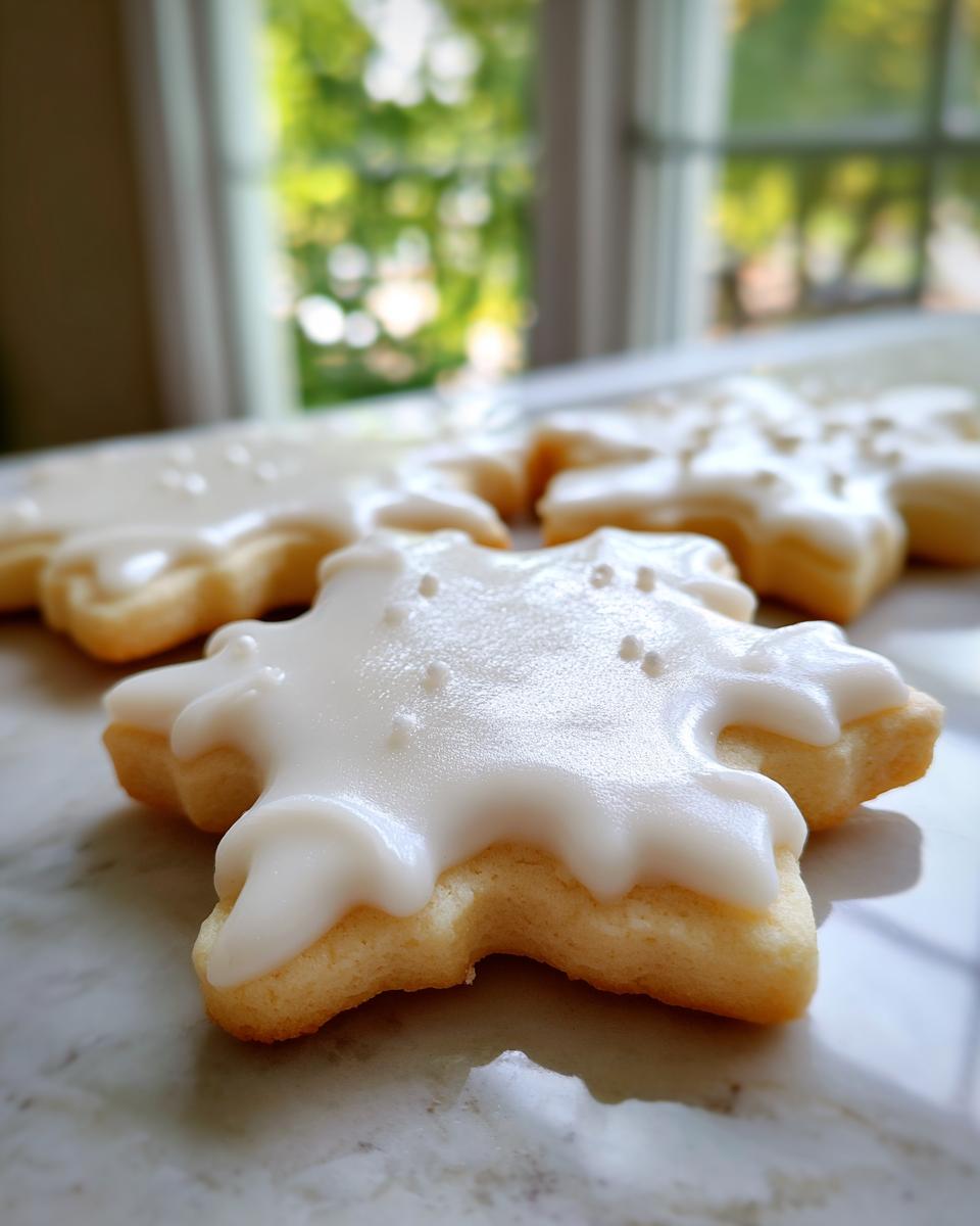 Close-up of a star-shaped sugar cookie topped with thick, slightly wet white sugar cookie icing recipe glaze and white sprinkles.