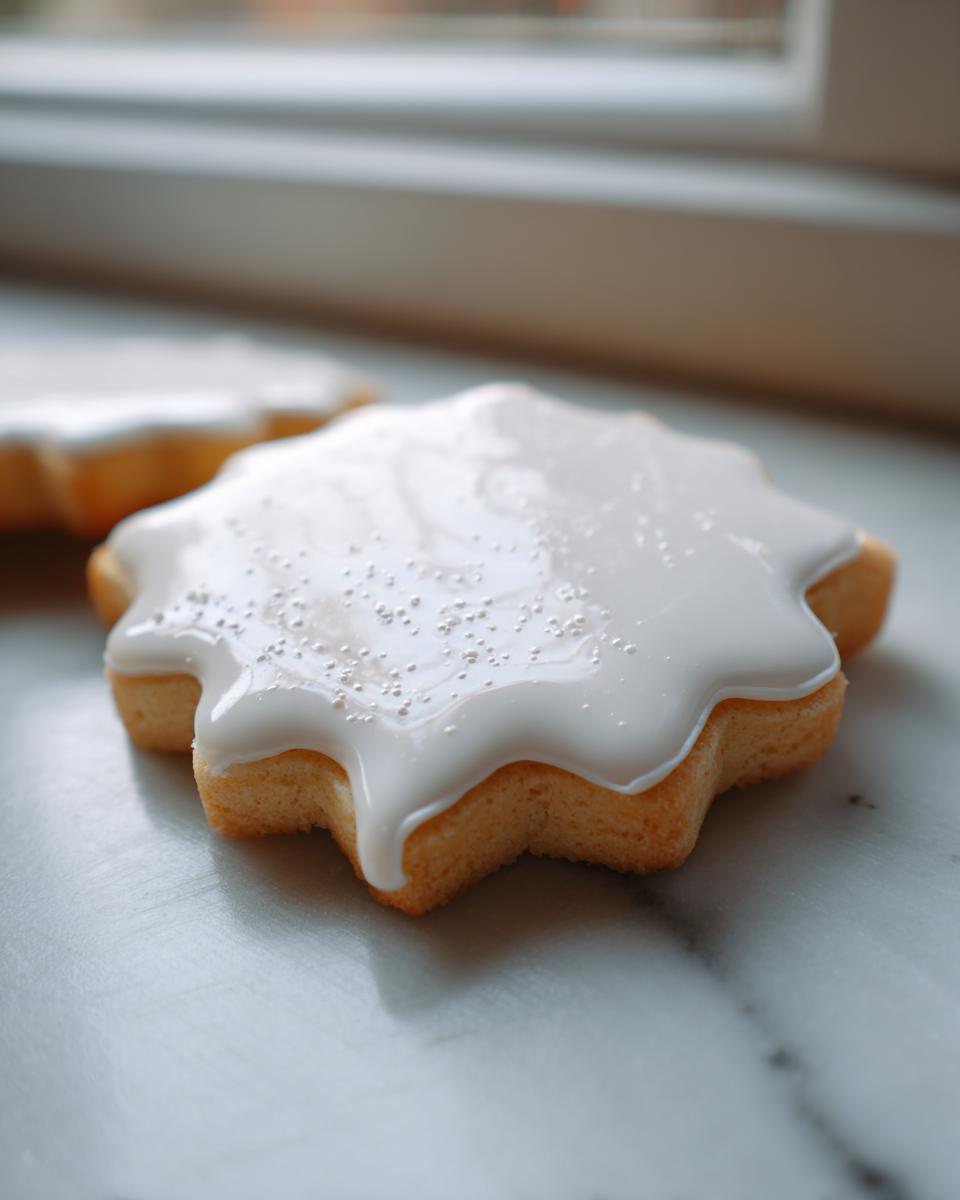 Close-up of a star-shaped sugar cookie topped with smooth, white royal icing from the sugar cookie icing recipe.