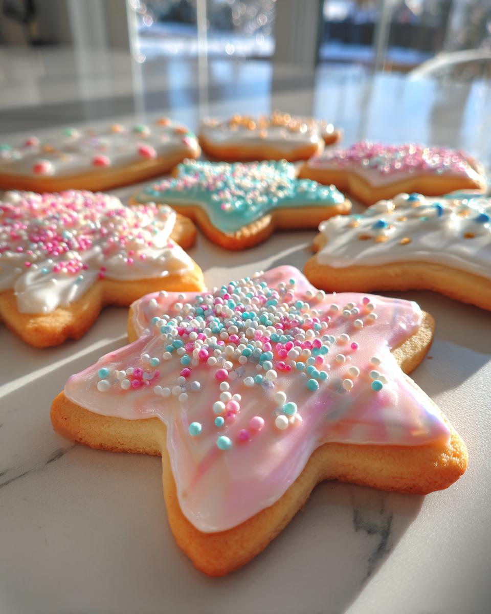 Close-up of star-shaped sugar cookies decorated with shiny, hardening sugar cookie icing and colorful sprinkles.