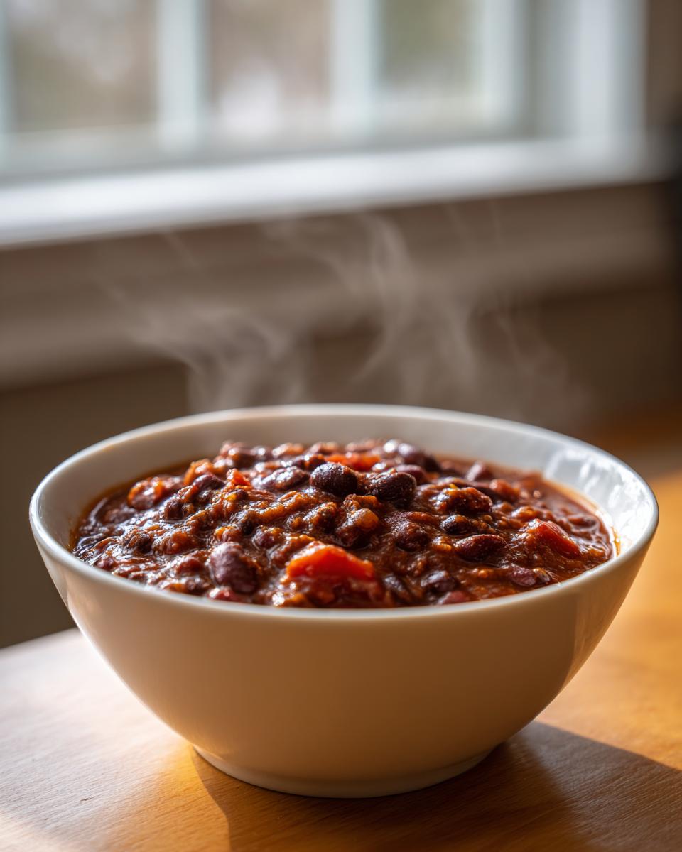 A steaming white bowl filled with rich, dark black bean chili sits on a wooden table near a window.