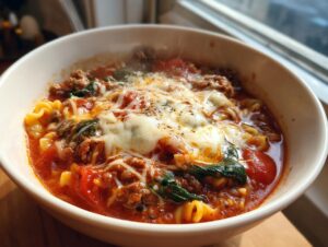 A close-up of a steaming white bowl filled with rich, red one pot lasagna soup, topped generously with melted mozzarella cheese and spinach.