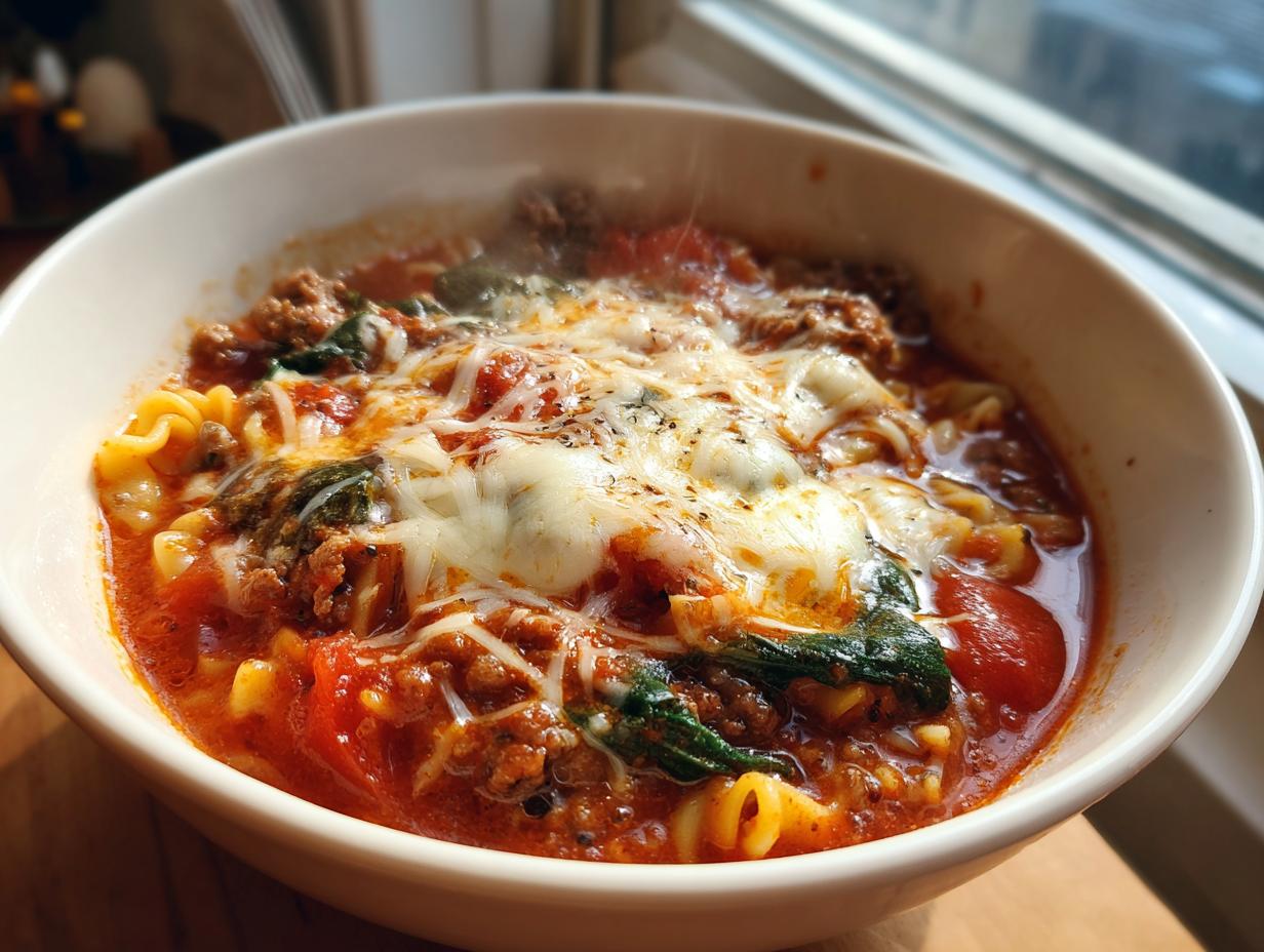 A close-up of a steaming white bowl filled with rich, red one pot lasagna soup, topped generously with melted mozzarella cheese and spinach.