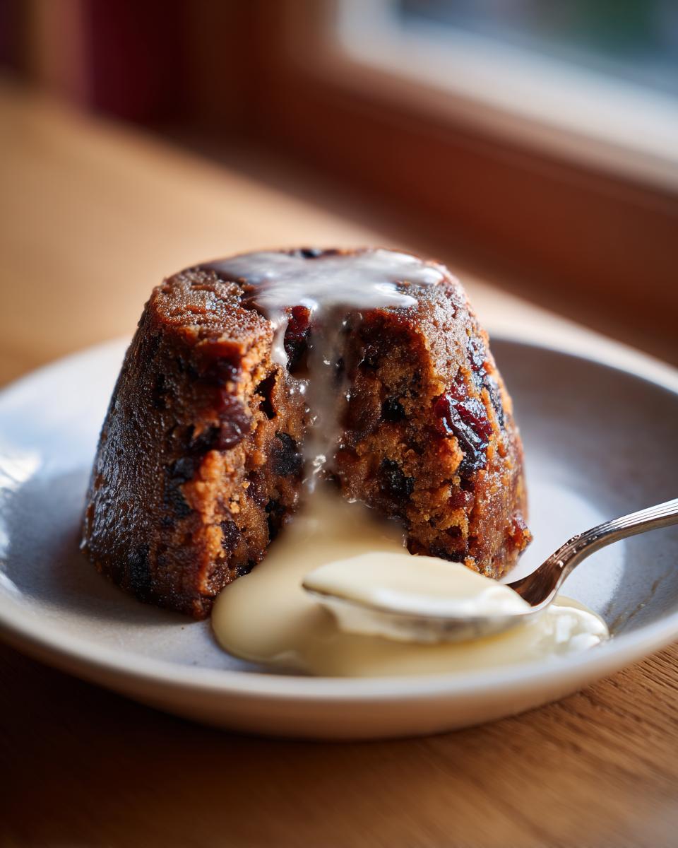 A close-up of a rich, dark plum pudding with a piece cut out, drizzled generously with creamy custard.