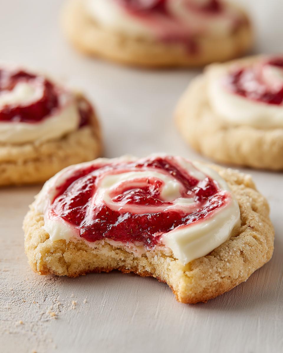 Close-up of a strawberry cheesecake cookie with a bite taken out, showing creamy frosting and strawberry swirl.