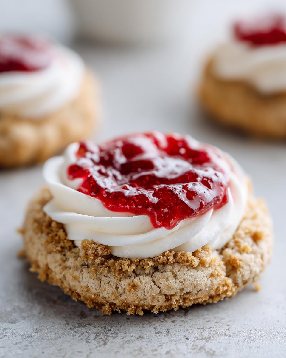 Close-up of one strawberry cheesecake cookies featuring a graham cracker crust, cream cheese frosting swirl, and bright red strawberry jam.