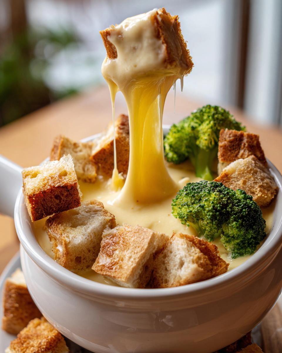 A piece of crusty bread being pulled out of a pot of creamy cheese fondue recipe, showing long cheese strings.