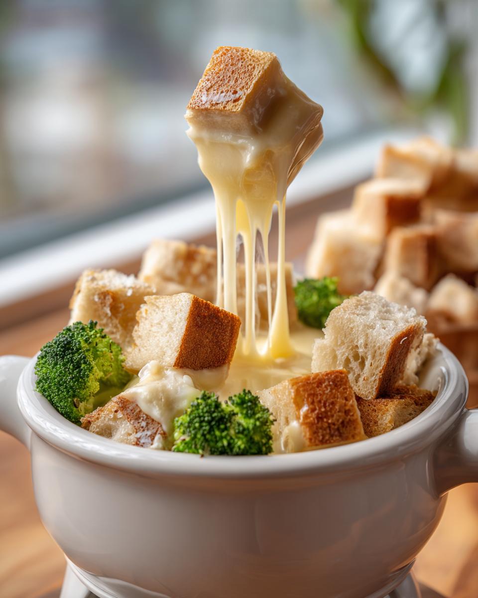 A piece of bread dripping with melted cheese is lifted from a white pot containing a creamy cheese fondue recipe, bread cubes, and broccoli florets.