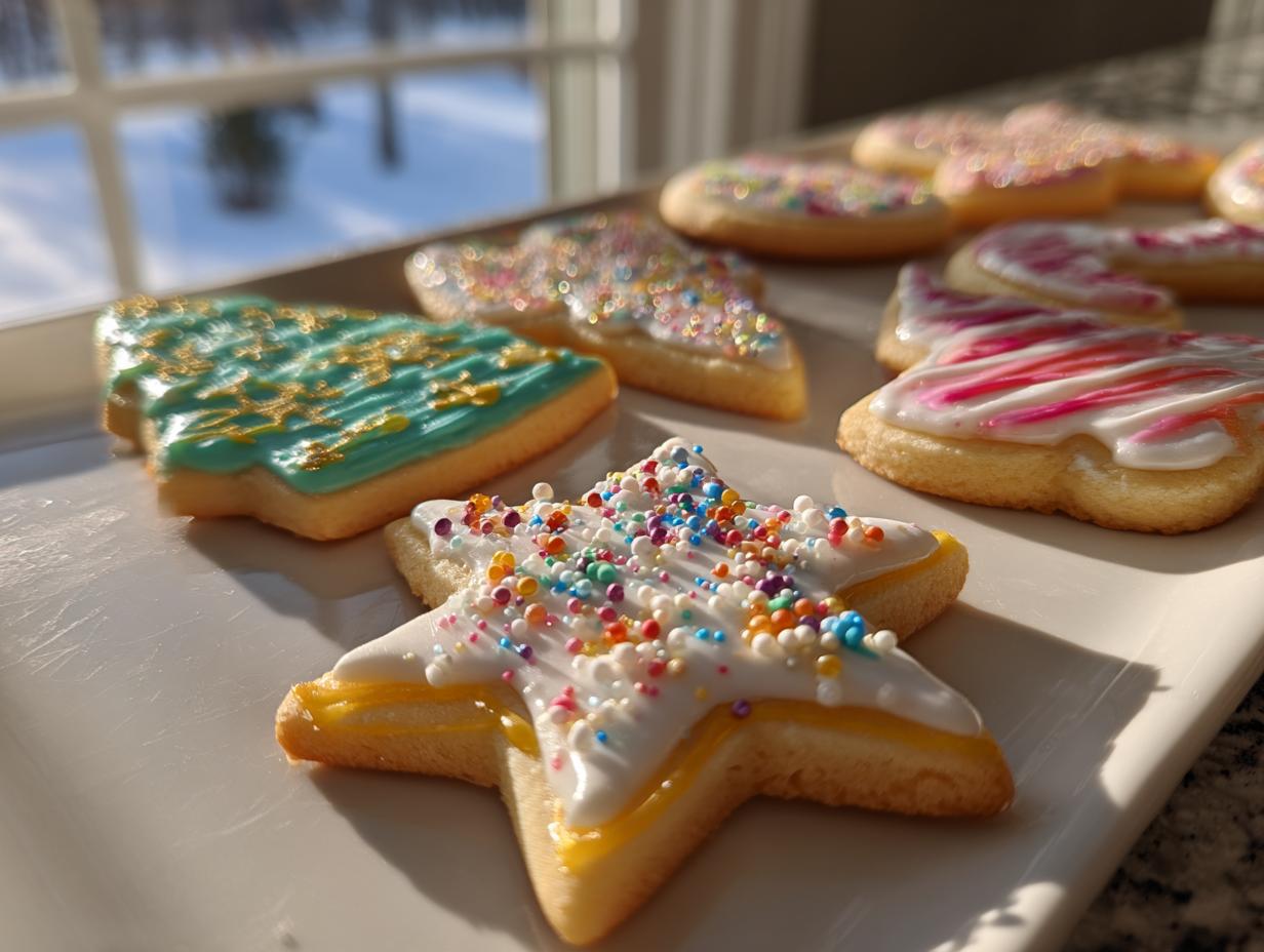 Assortment of decorated sugar cookies featuring star, tree, and heart shapes topped with sugar cookie icing that hardens.