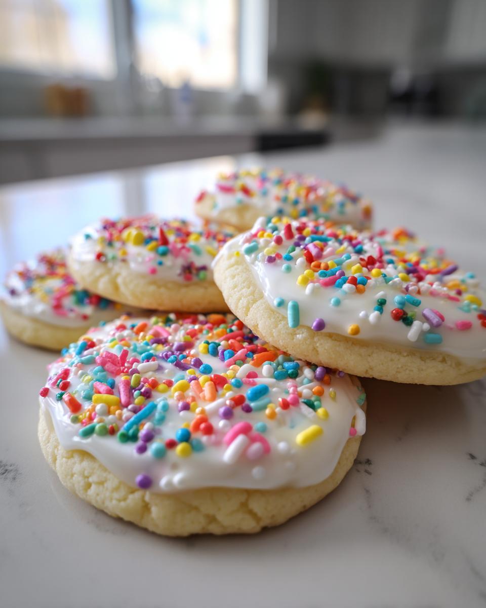 Close-up of sugar cookies topped with white sugar cookie icing that hardens and colorful sprinkles.