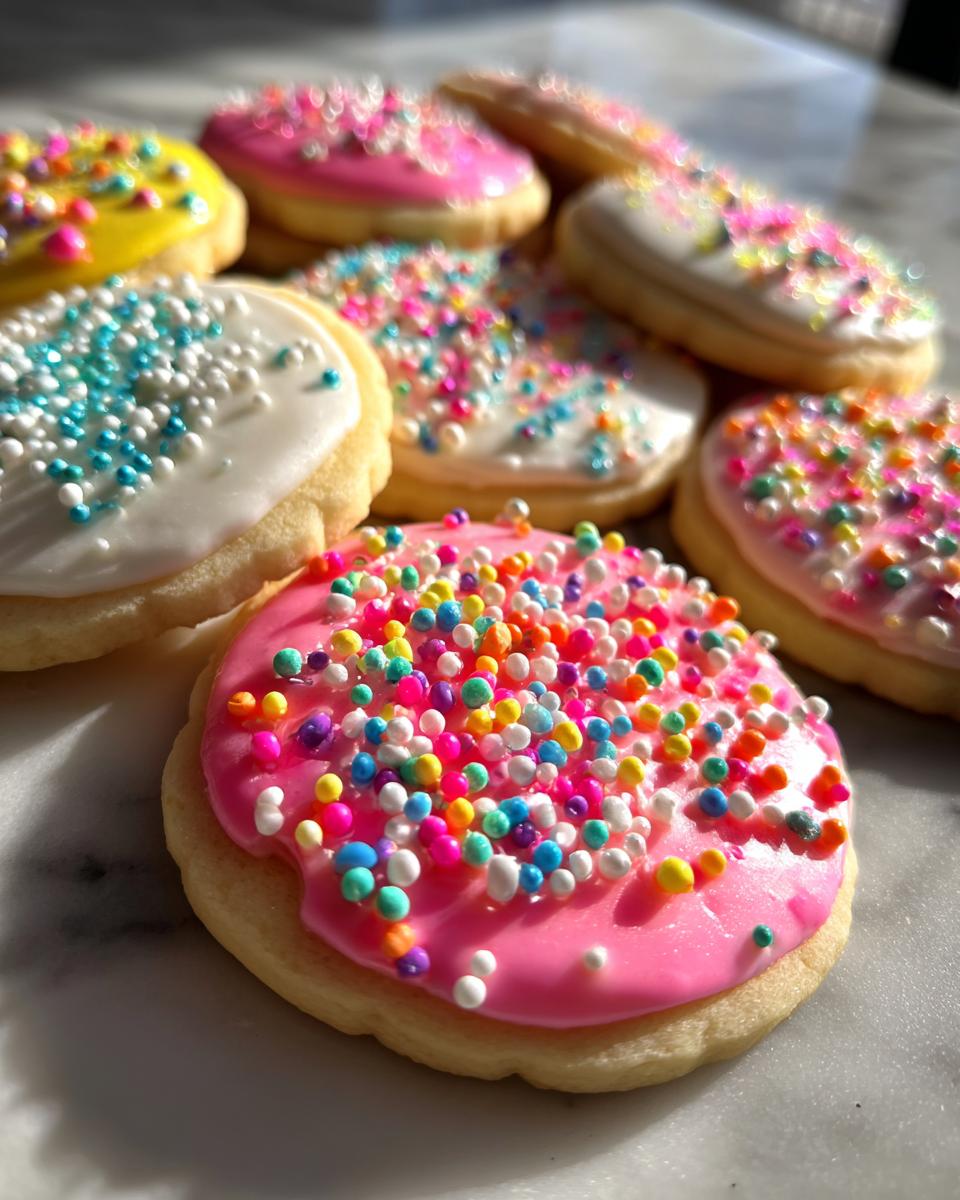 Close-up of several sugar cookies topped with brightly colored, hardened icing and sprinkles.