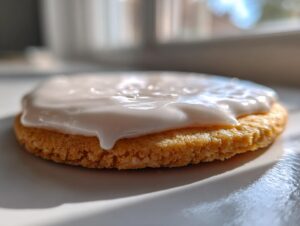 A close-up of a round sugar cookie topped with thick, glossy white sugar cookie icing recipe.