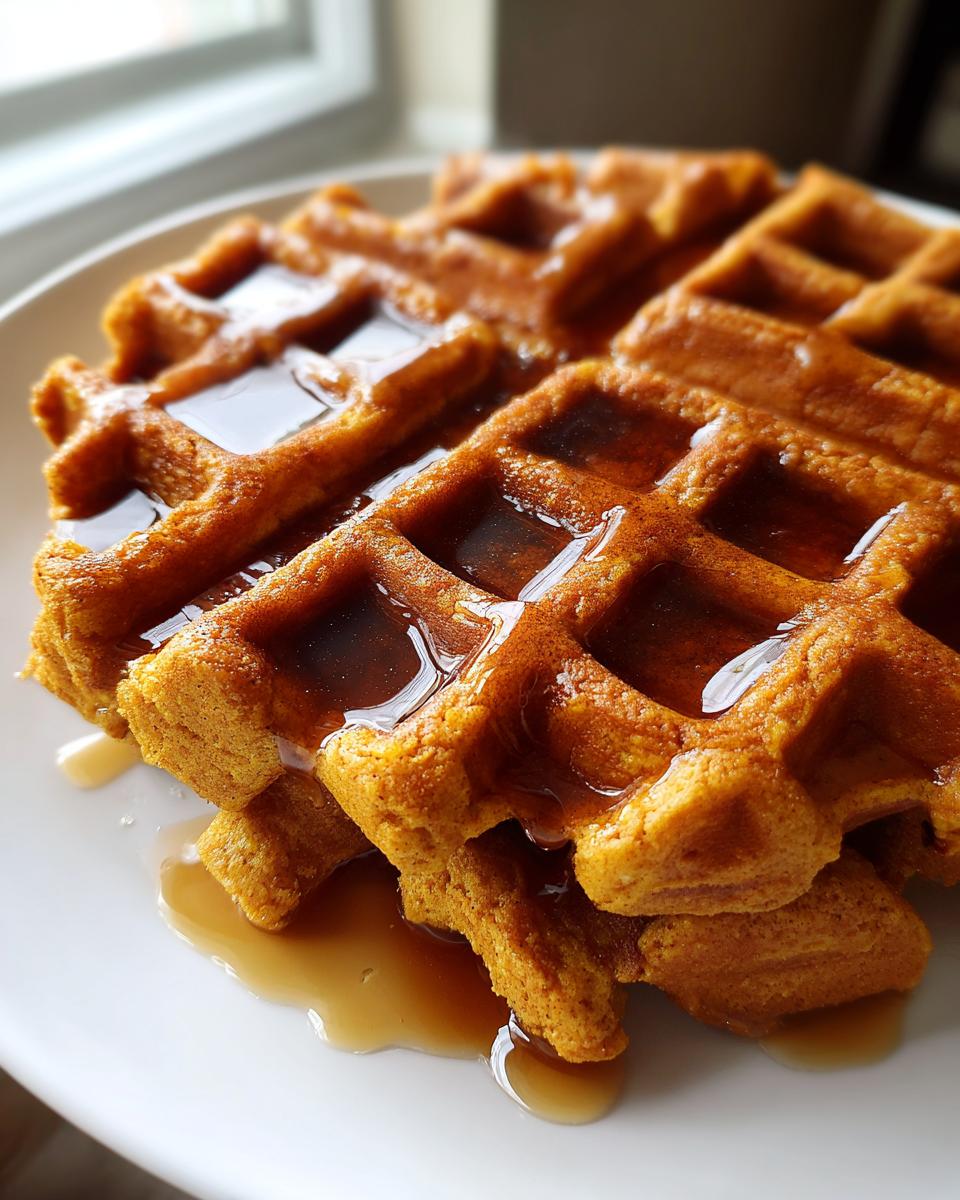 Close-up of a stack of golden brown pumpkin waffles generously drizzled with maple syrup.