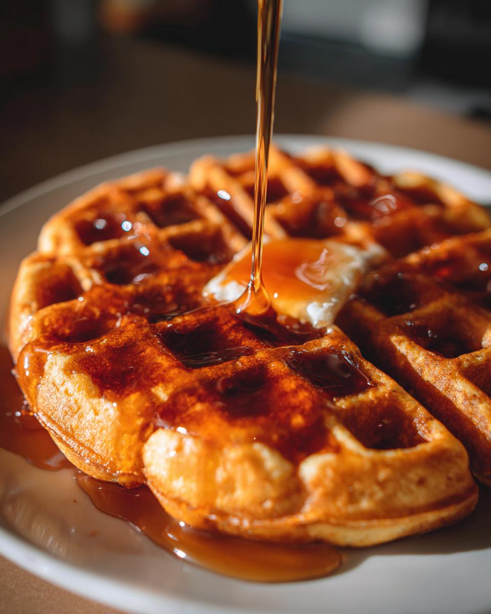 Close-up of golden pumpkin waffles being drizzled generously with maple syrup and topped with butter.
