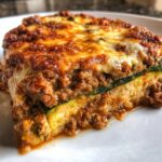 Close-up of a moist slice of zucchini lasagna showing layers of meat sauce, cheese, and zucchini noodles.