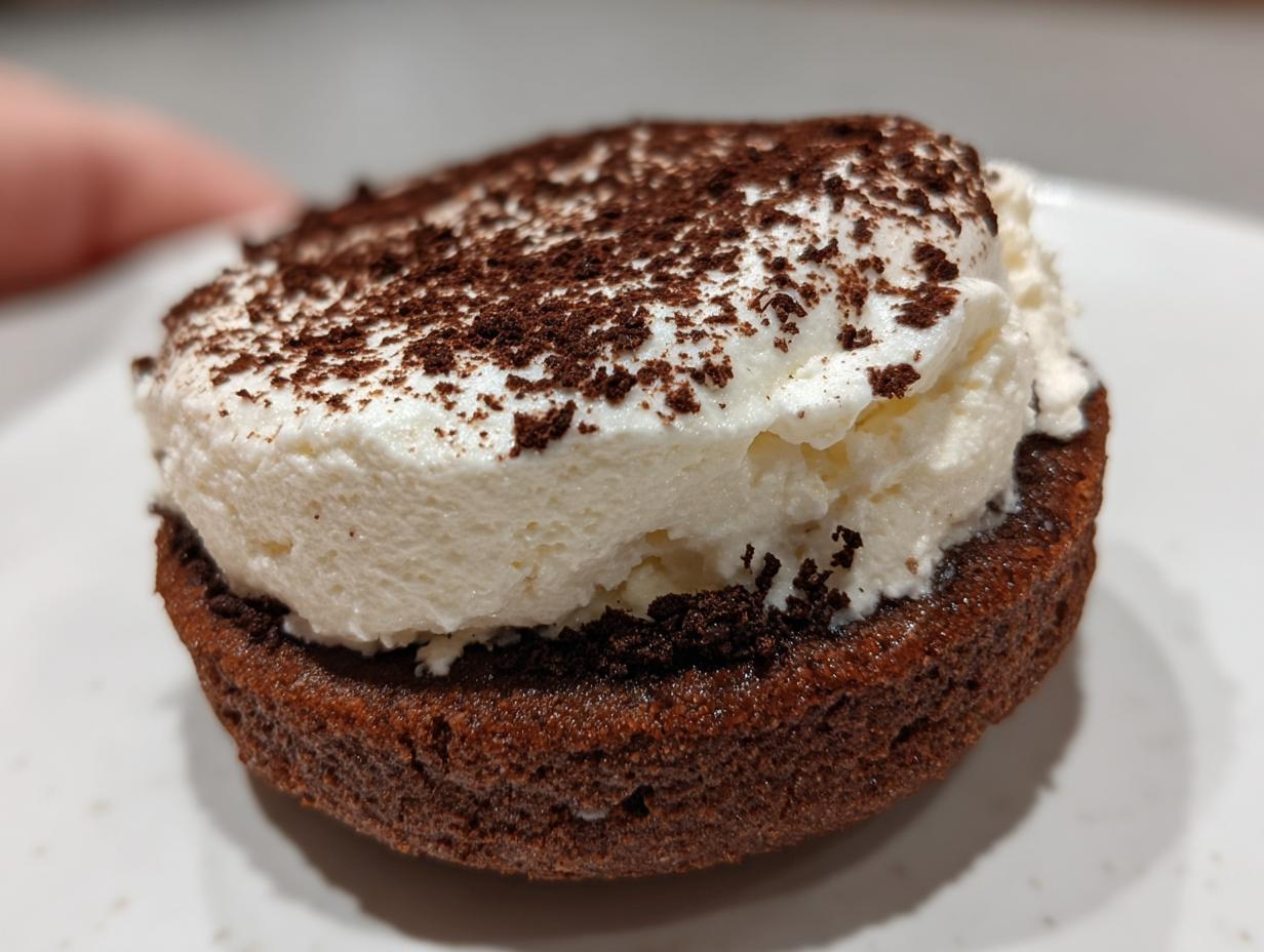 A close-up of a single, decadent tiramisu cookies base topped with thick mascarpone cream and dusted with cocoa powder.