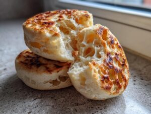 A close-up of a toasted english muffin, split open to show its signature porous, craggy interior texture.