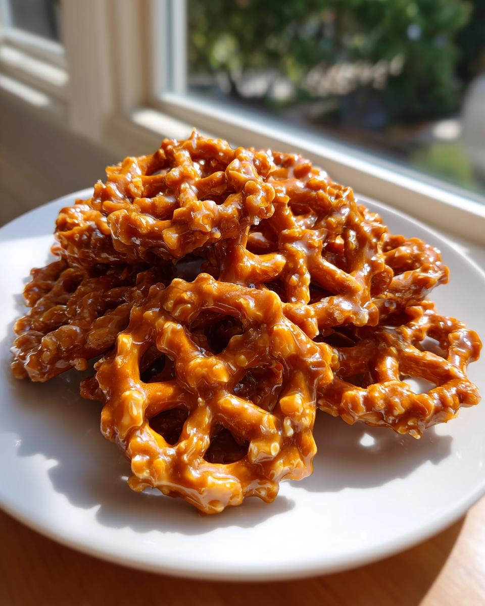 A close-up of a pile of shiny, caramel-coated waffle-shaped toffee pretzels resting on a white plate near a sunny window.