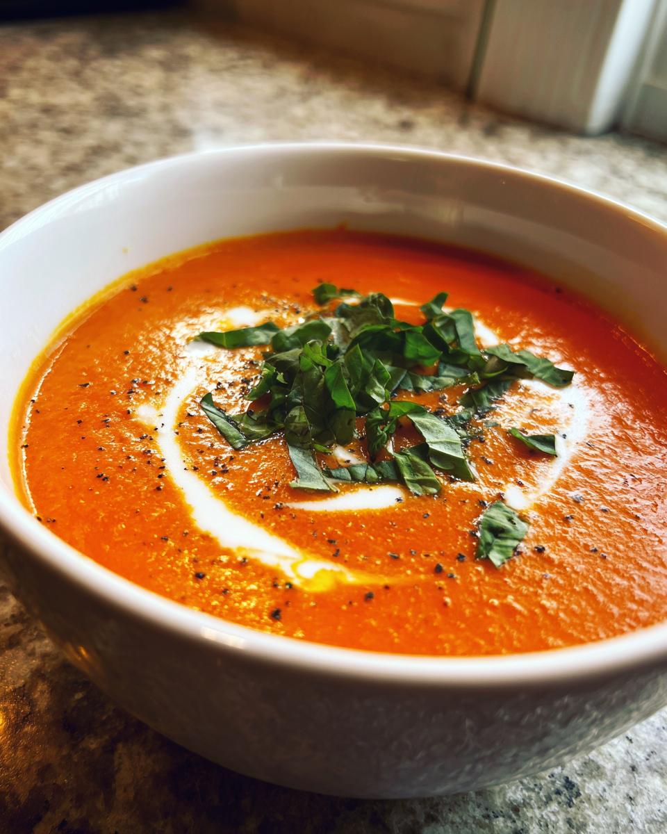 Close-up of a bowl of vibrant orange tomato basil soup, swirled with cream and topped with fresh basil.