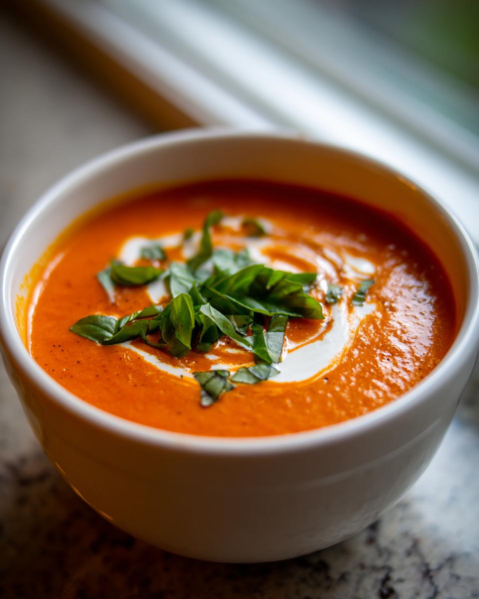 Close-up of a bowl of rich tomato basil soup, swirled with cream and topped with fresh basil leaves.