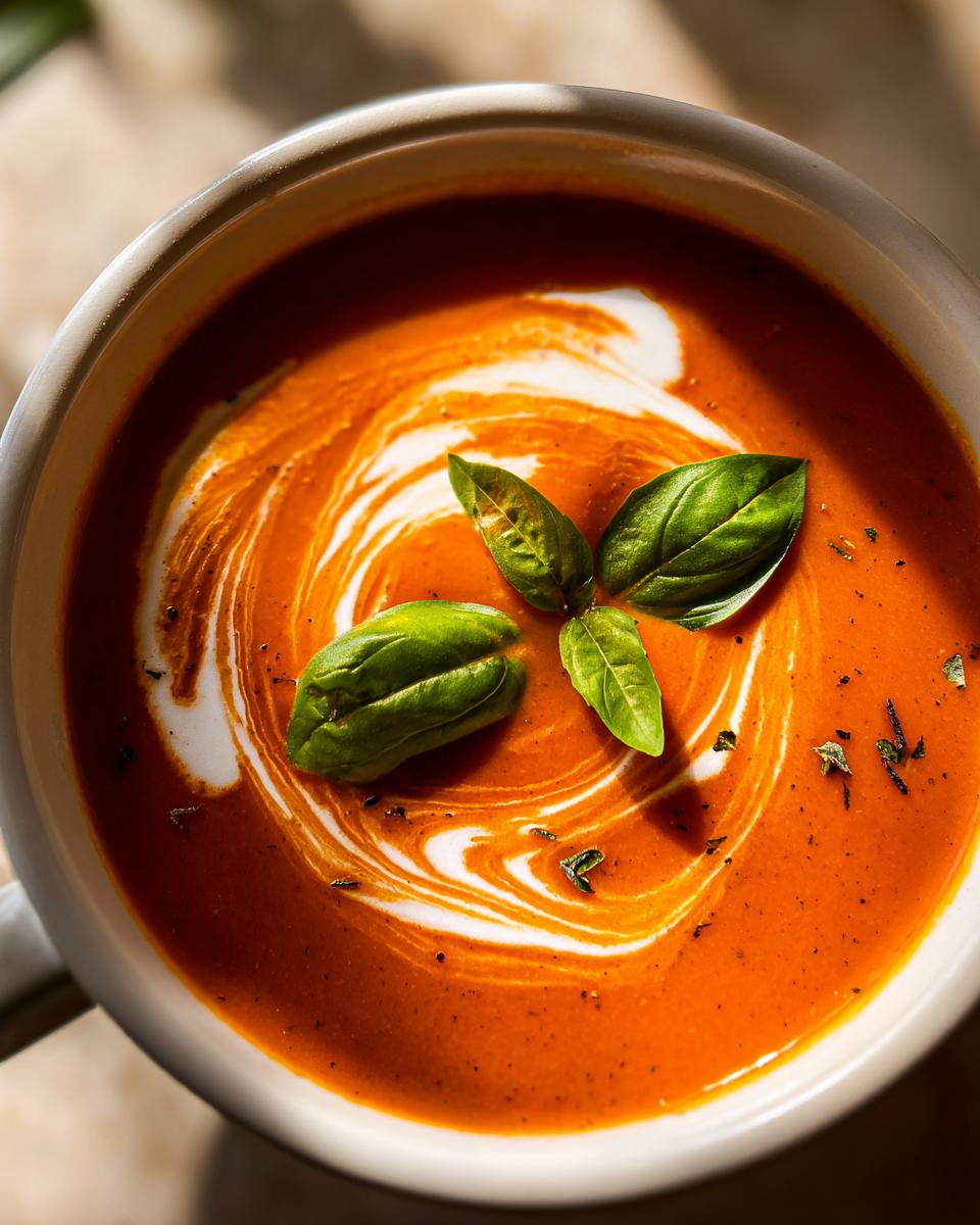 Overhead view of a bowl of rich tomato basil soup, swirled with cream and topped with fresh basil leaves.