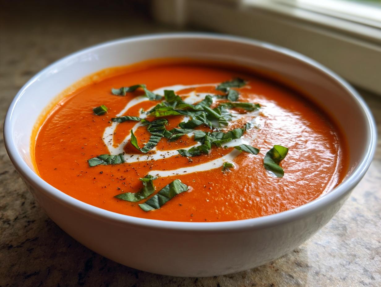 A close-up of a bowl of rich, orange-red tomato basil soup garnished with cream swirl and fresh basil.
