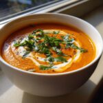 A close-up of a bowl of rich, orange tomato basil soup swirled with cream and topped with fresh basil.