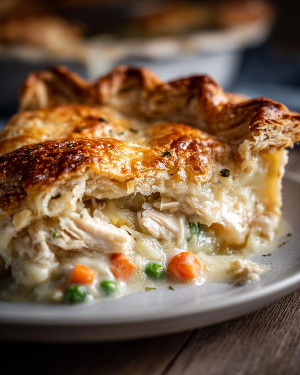 Close-up of a slice of turkey pot pie recipe showing creamy filling, shredded turkey, carrots, and peas under a golden, flaky crust.
