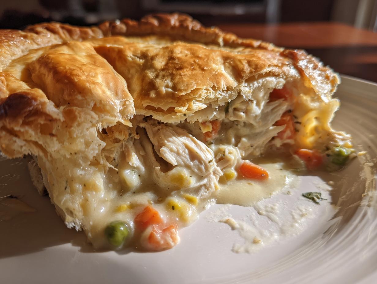 Close-up of a slice of turkey pot pie recipe showing flaky, golden crust and creamy filling with turkey and vegetables.