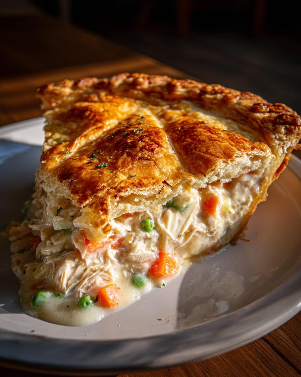 A close-up slice of a golden-crusted turkey pot pie recipe, showing creamy filling with shredded turkey, peas, and carrots.