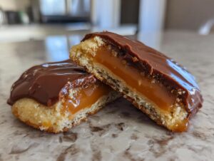 Close-up of one of the homemade Twix cookies cut in half, showing shortbread, thick caramel, and chocolate topping.