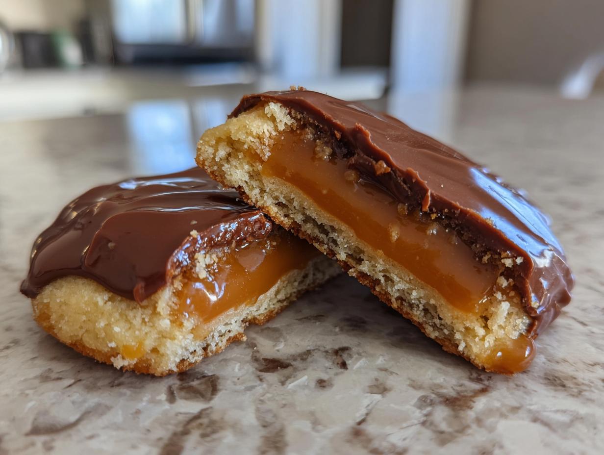 Close-up of one of the homemade Twix cookies cut in half, showing shortbread, thick caramel, and chocolate topping.