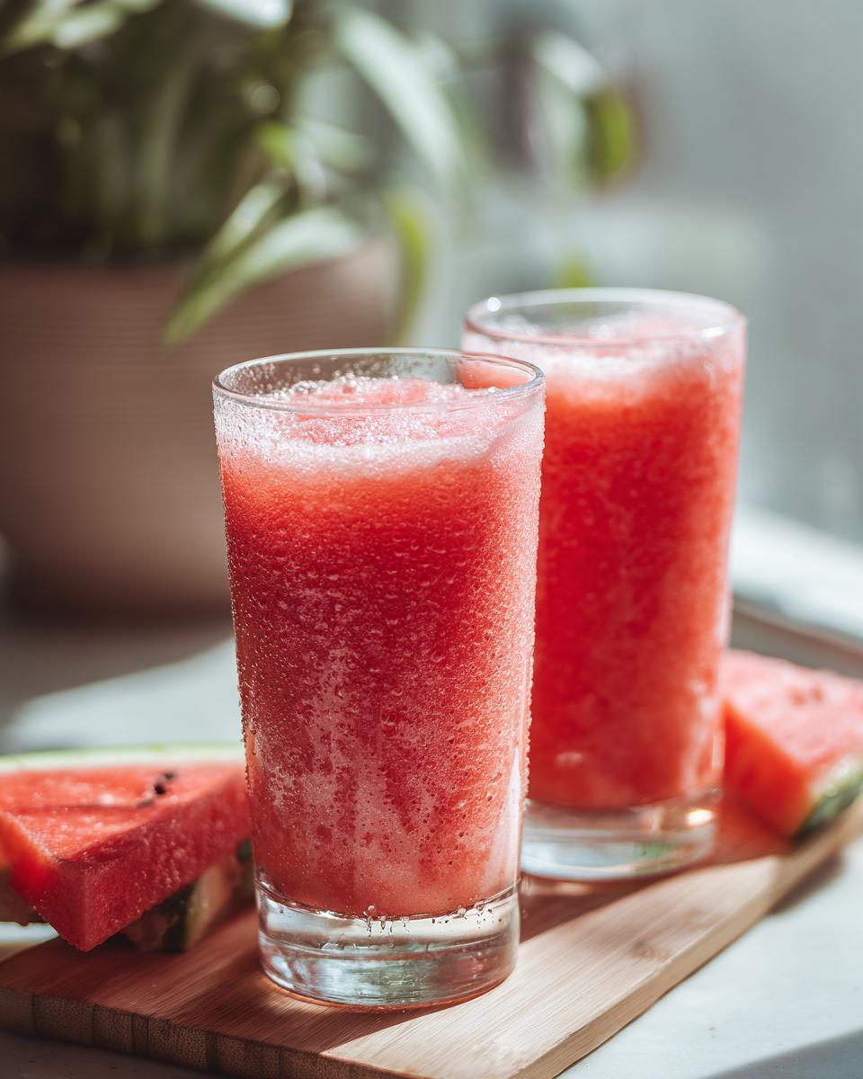 Two tall glasses filled with frosty, bright red watermelon smoothie, condensation visible on the glass, with watermelon slices nearby.