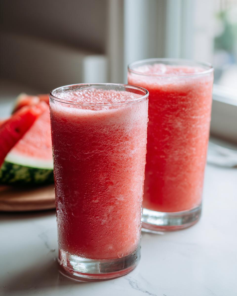 Two tall glasses filled with a bright pink, icy watermelon smoothie sitting on a white marble counter.