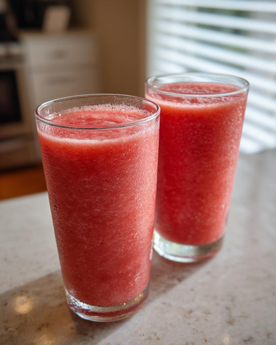 Two tall glasses filled with bright pink, icy watermelon smoothie sitting on a light countertop.
