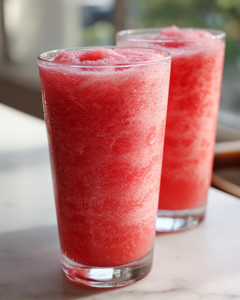 Two tall glasses filled with bright red, icy watermelon smoothie sitting on a light surface.