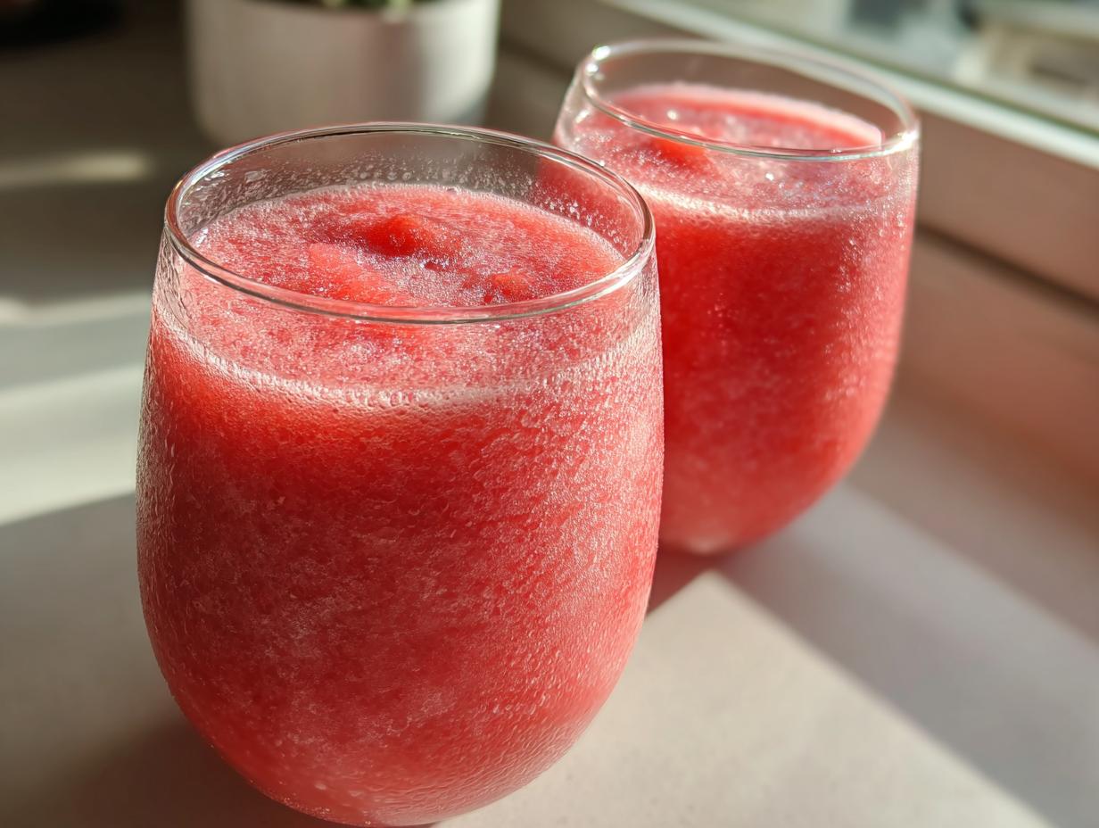Two frosty glasses filled with bright red, icy watermelon smoothie sitting in sunlight.