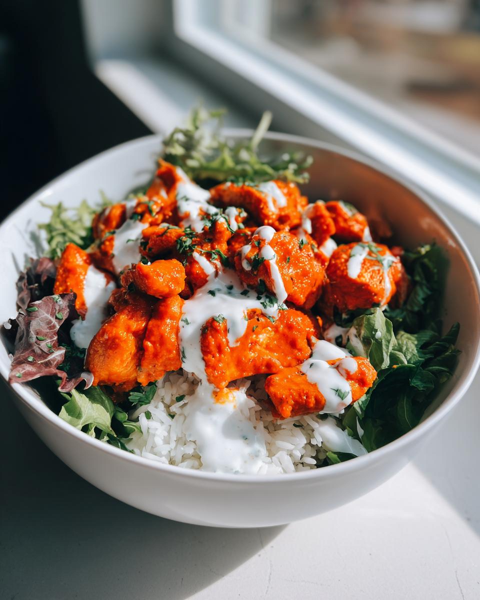 Close-up of a white bowl filled with white rice, mixed greens, bright orange harissa chicken, and drizzled with a white yogurt sauce.
