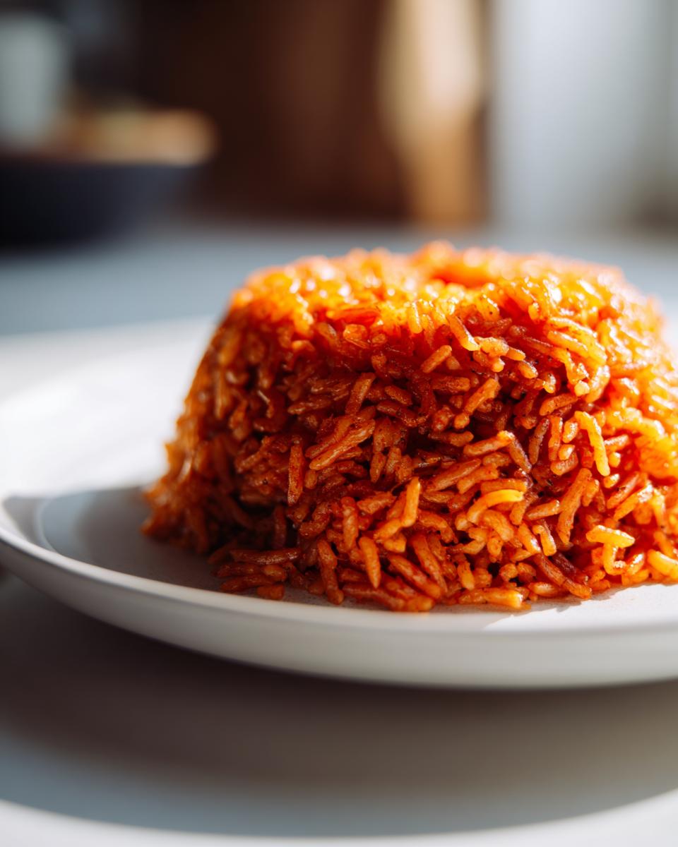 A close-up, brightly lit mound of vibrant orange jollof rice served on a white plate.
