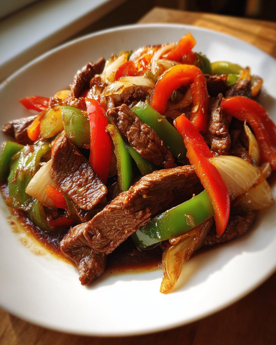 A close-up of a plate of vibrant pepper steak stir-fry featuring strips of beef, red and green bell peppers, and onions in a savory sauce.