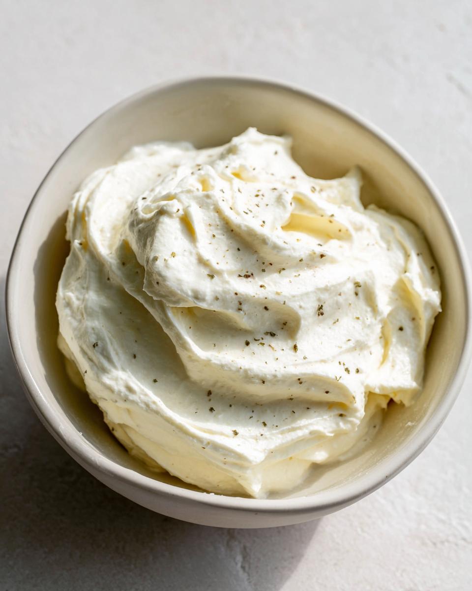 A close-up of thick, whipped creamy horseradish sauce sprinkled with herbs in a light-colored bowl.