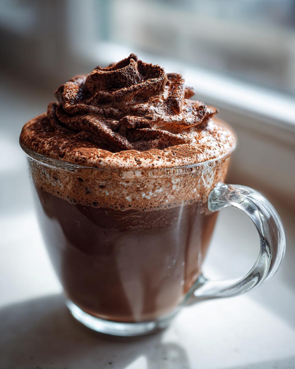 A glass mug filled with rich hot chocolate topped with a swirl of dark whipped topping and dusted with cocoa powder, perfect for whipped hot chocolate.