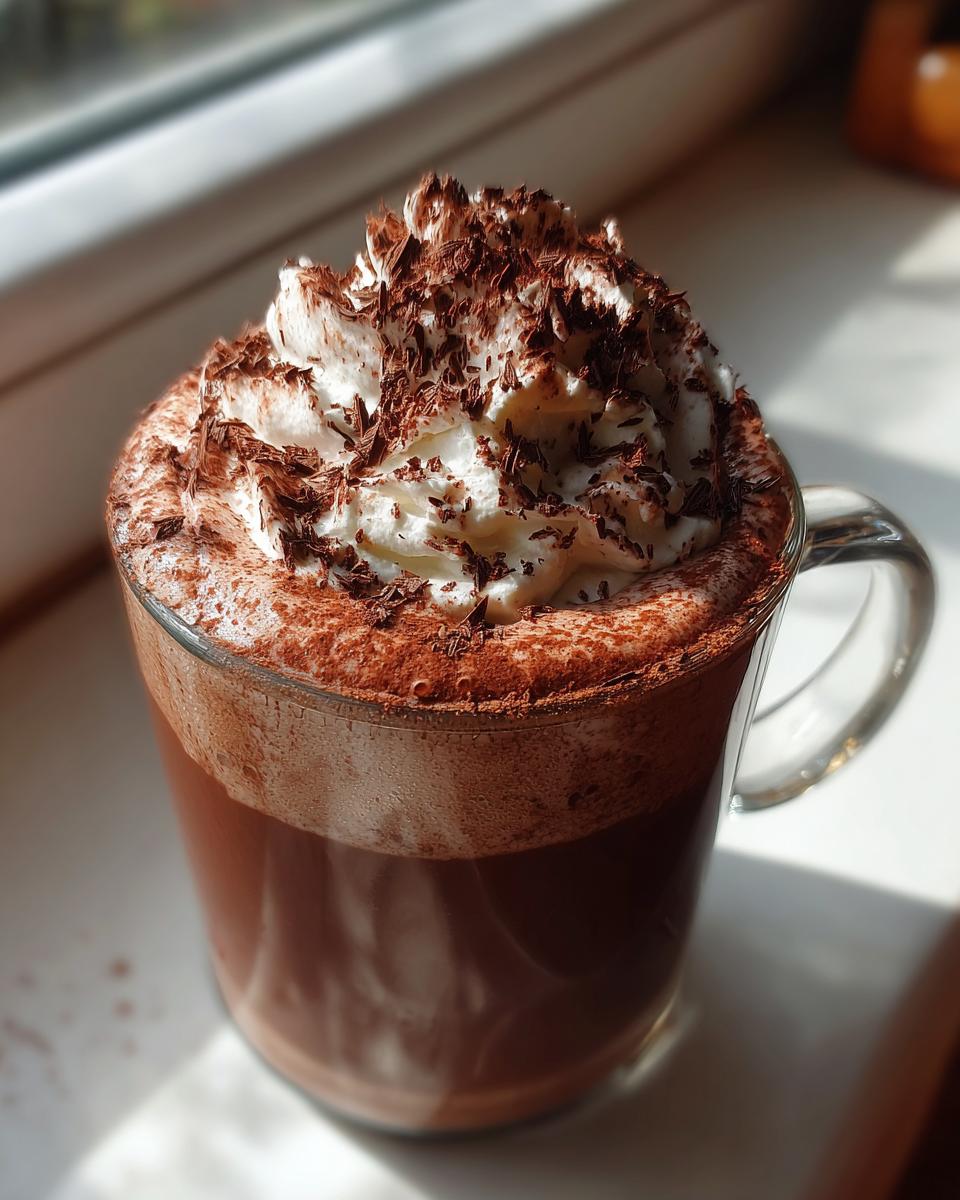 A clear mug filled with rich whipped hot chocolate topped with whipped cream and chocolate shavings.