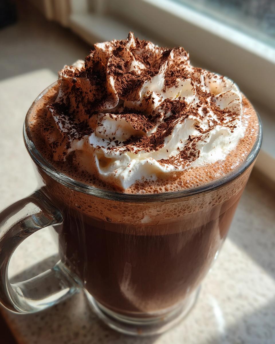 Close-up of a mug filled with rich whipped hot chocolate topped with fluffy cream and dark chocolate shavings.