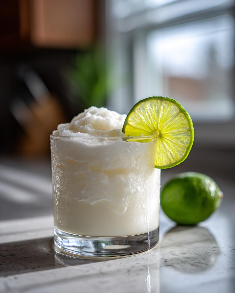 A frosty, white Christmas margarita served in a rocks glass, garnished with a bright lime wheel.