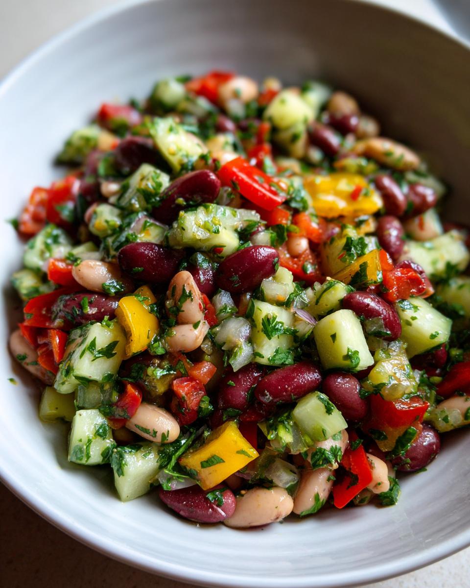 Close-up of a colorful Mediterranean bean salad featuring kidney beans, cannellini beans, cucumber, and bell peppers.