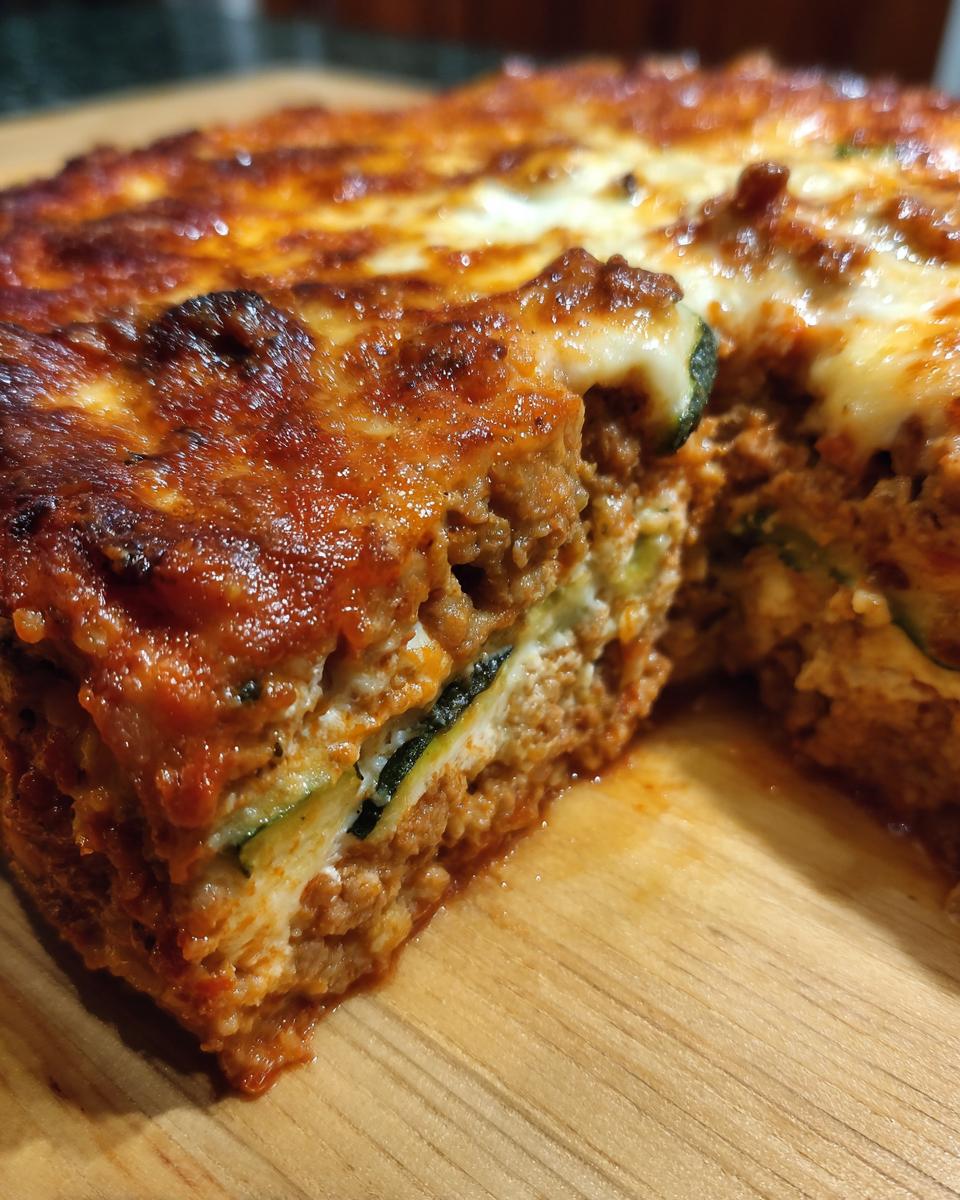 Close-up of a slice removed from a baked zucchini lasagna showing layers of meat sauce, ricotta, and zucchini noodles.