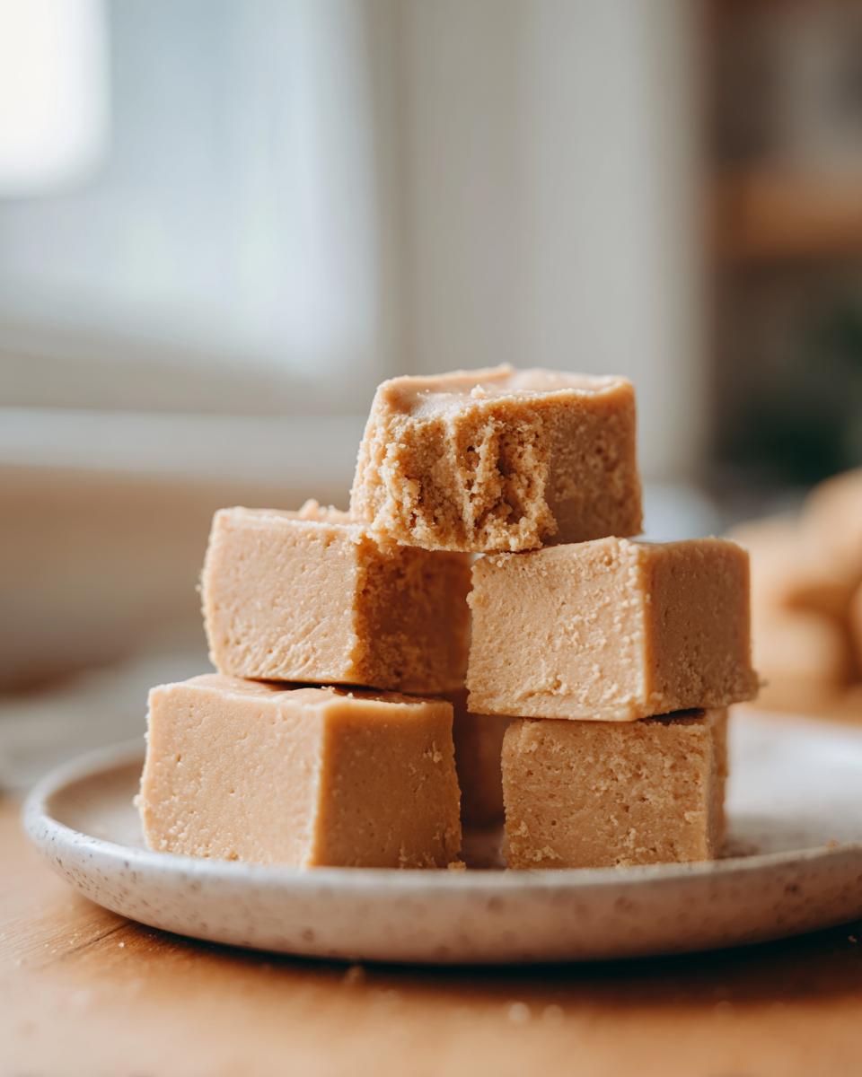 A stack of creamy, light brown squares of peanut butter fudge recipe on a speckled white plate.