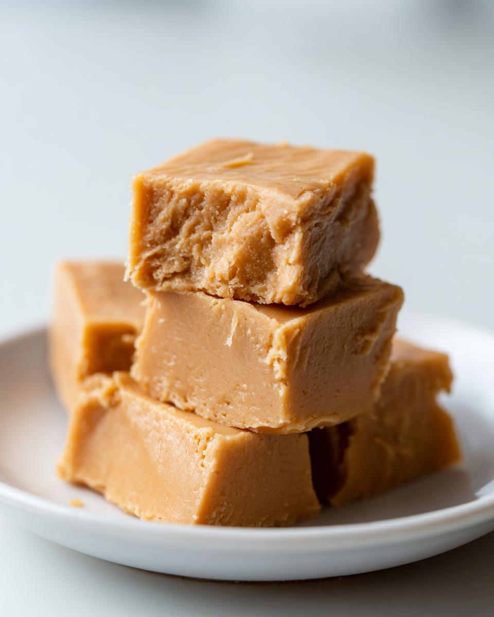 A stack of creamy, light brown squares of peanut butter fudge recipe sitting on a small white plate.