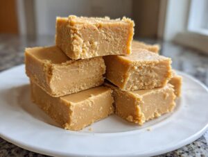 A stack of creamy, light brown squares of homemade peanut butter fudge recipe on a white plate.