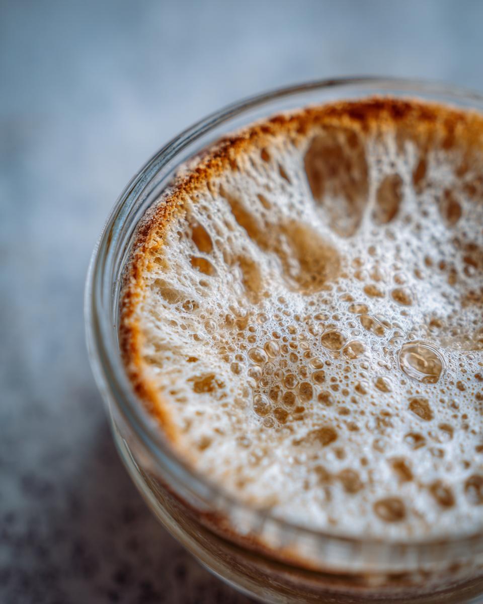 Close-up of a highly active sourdough starter showing abundant bubbles and foam inside a glass container.